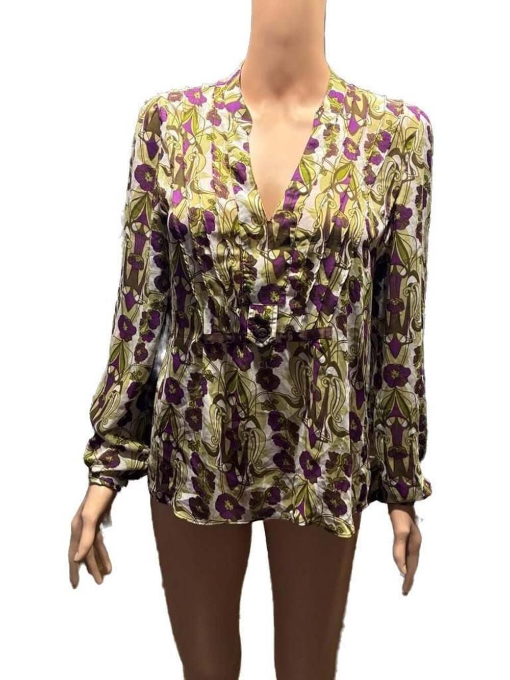 52 Floral Art Nouveau V-Neck Pintuck Blouse Size S